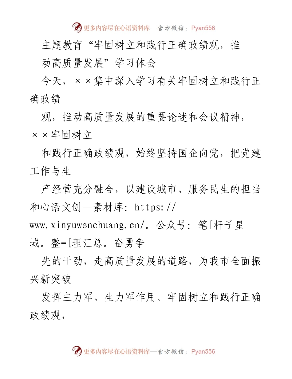 [学习体会] 主题教育 - 牢固树立和践行正确政绩观，推动高质量发展的重要性.docx_第1页