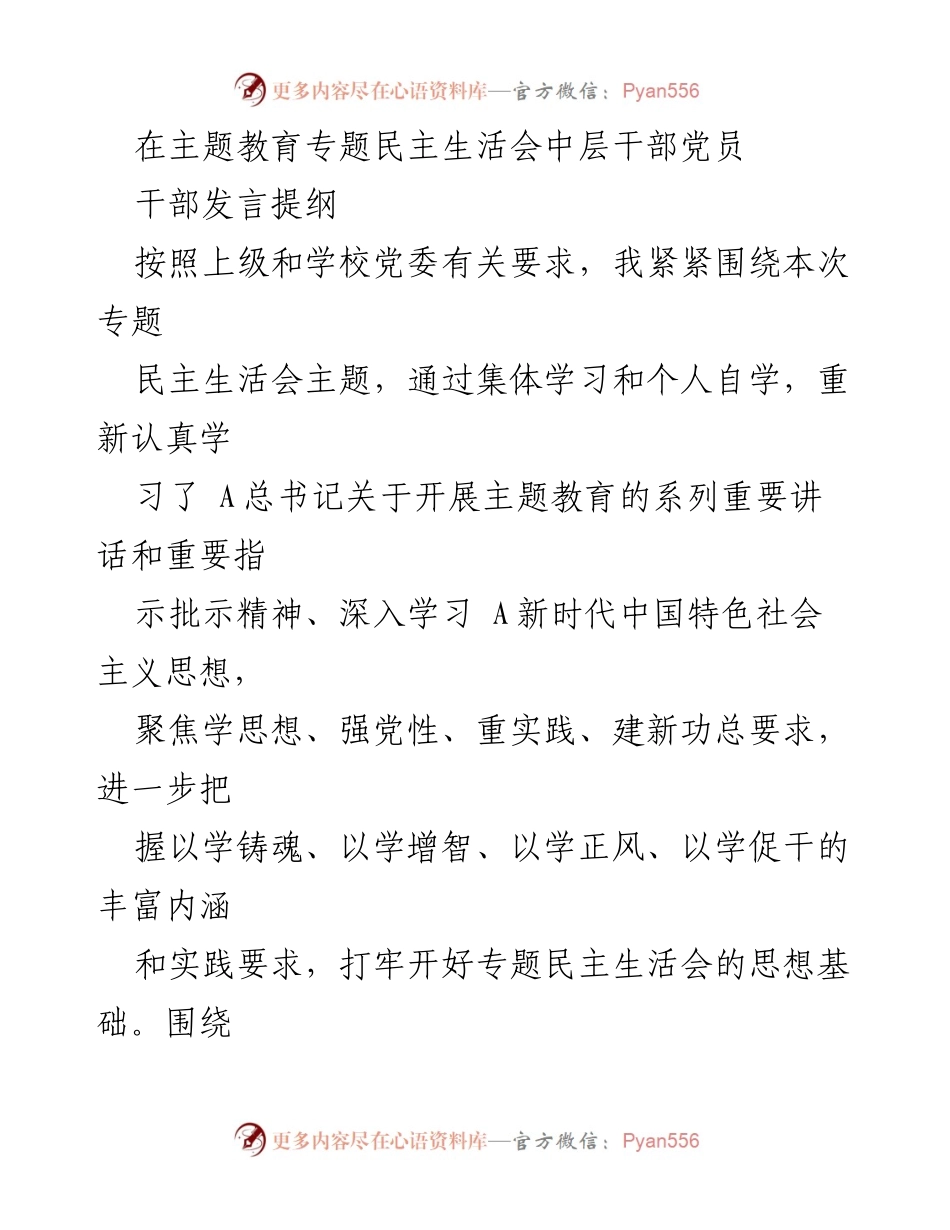 [发言提纲] 主题教育专题民主生活会 - 中层干部党员的自我反思与整改措施.docx_第1页