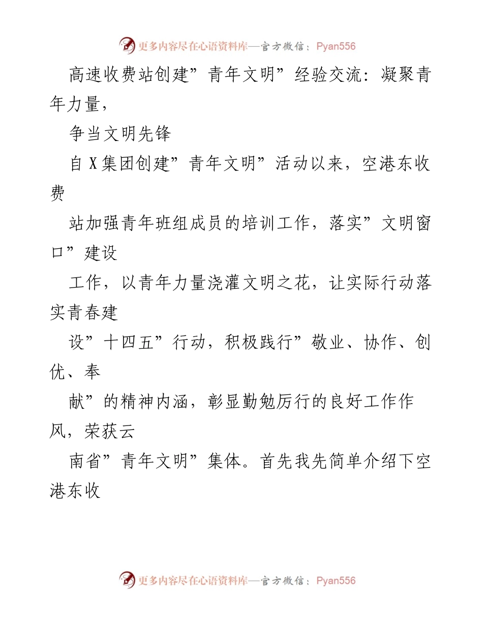 [发言] 高速收费站青年文明活动经验交流会 - 青年力量凝聚，争当文明先锋.docx_第1页