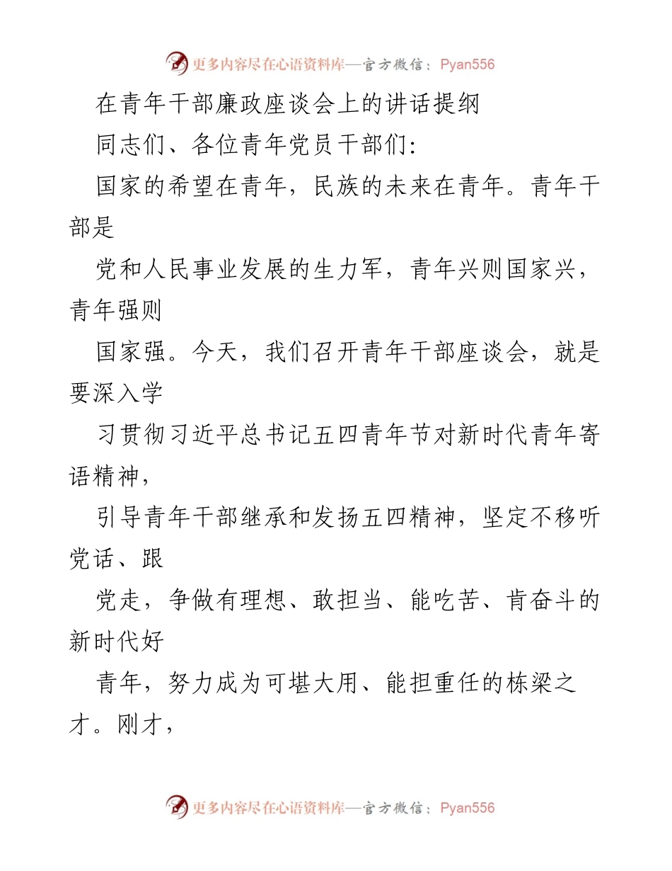 [发言] 青年干部廉政座谈会 - 青年干部要坚定信仰，做新时代的追光者.docx_第1页