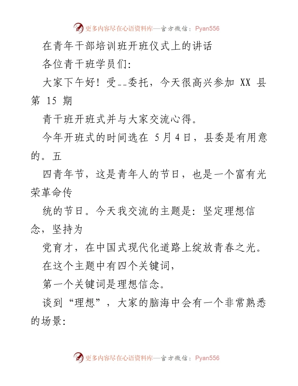 [发言] 青年干部培训班开班仪式 - 坚定理想信念，绽放青春之光_1.docx_第1页