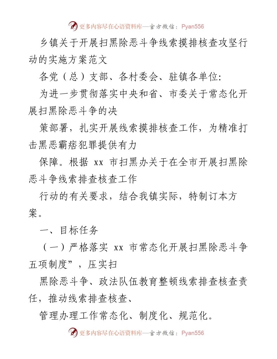 [实施方案] 乡镇 - 开展扫黑除恶斗争线索摸排核查攻坚行动实施方案.docx_第1页
