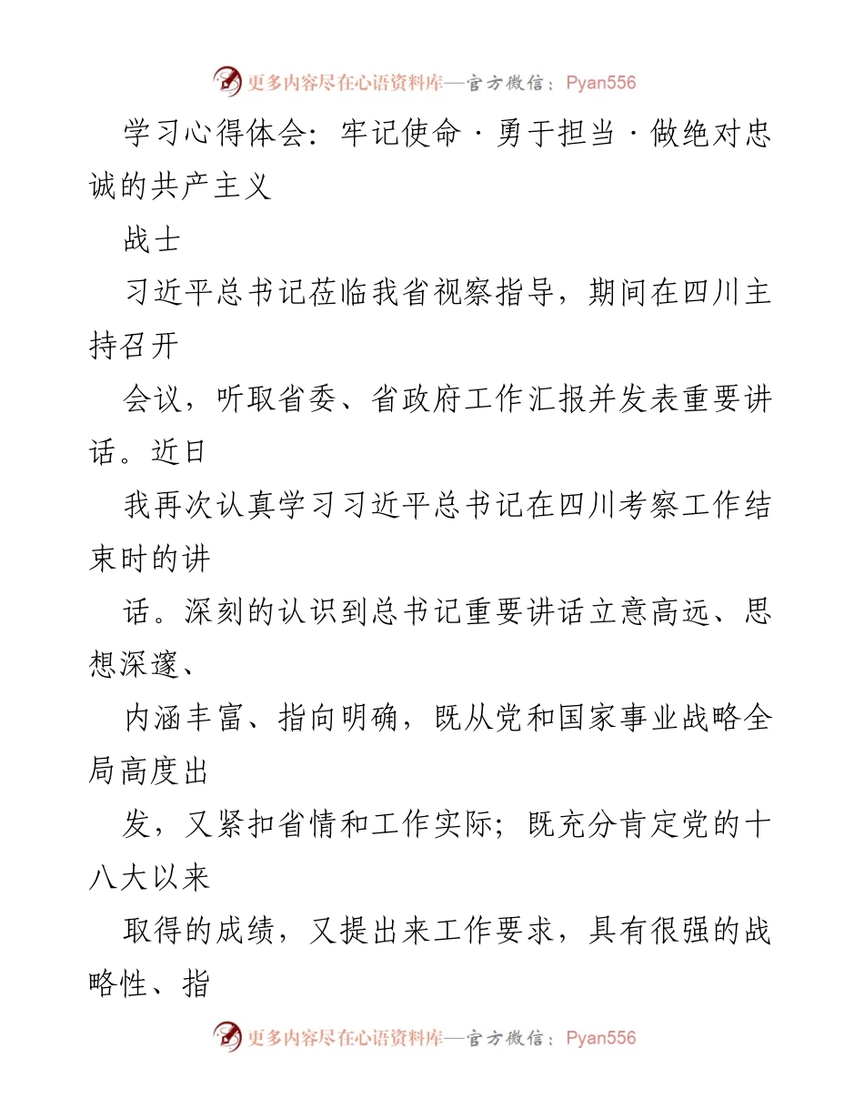 [学习心得体会] 工作总结 - 牢记使命，勇于担当，做绝对忠诚的共产主义战士.docx_第1页