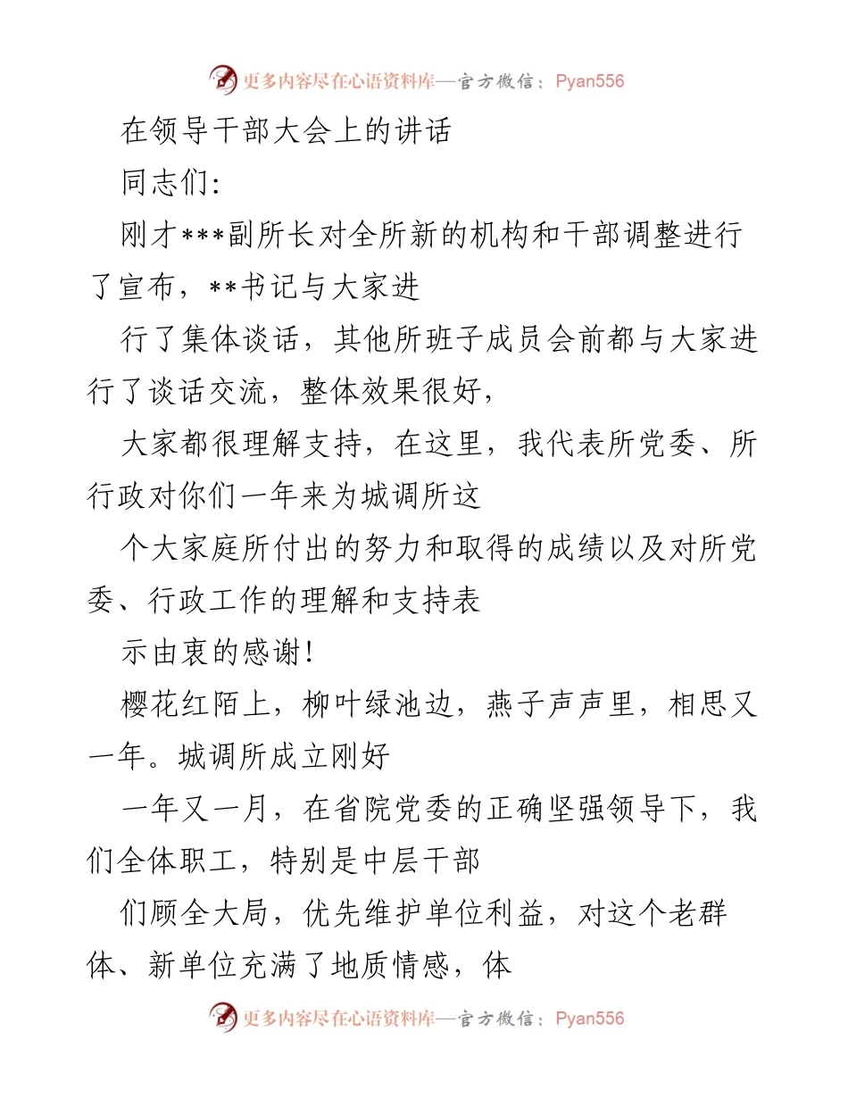 [发言] 领导干部大会 - 城调所机构调整与干部任用的重要性与原则.docx_第1页