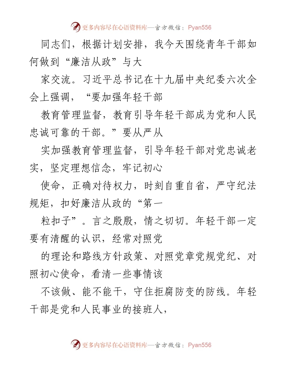 [发言] 青年干部培训 - 青年干部廉洁从政的重要性与实践路径.docx_第1页