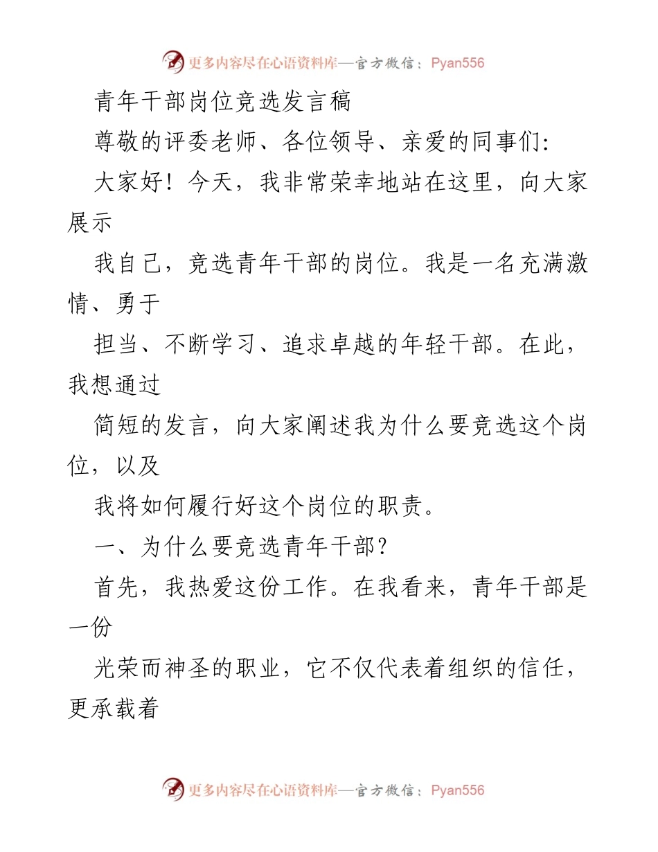 [发言] 青年干部岗位竞选 - 青年干部竞选发言：青春与责任的承诺.docx_第1页