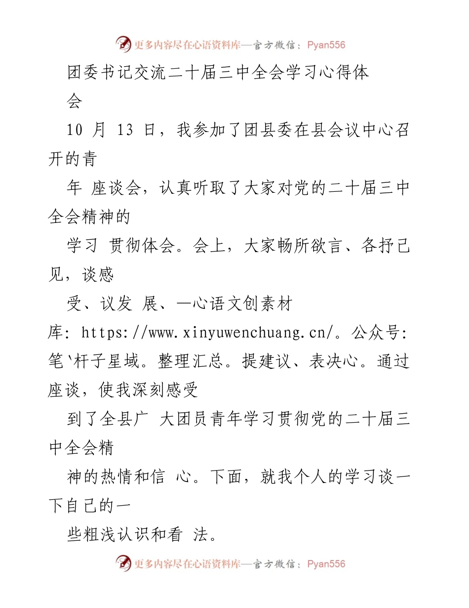 [发言] 青年座谈会 - 深入学习贯彻党的二十届三中全会精神的体会与思考.docx_第1页