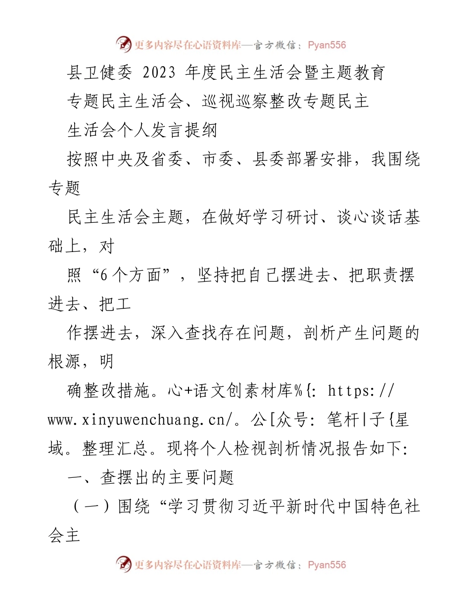 [发言提纲] 县卫健委 2023 年度民主生活会 - 个人检视与整改措施发言提纲.docx_第1页