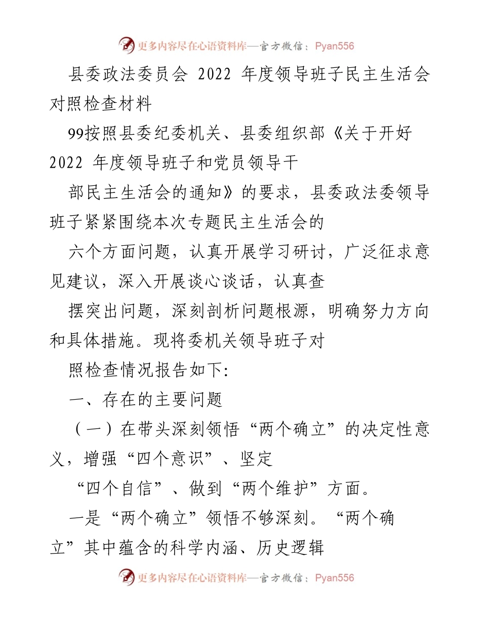 [发言] 领导班子民主生活会 - 2022年度县委政法委员会领导班子对照检查报告.docx_第1页