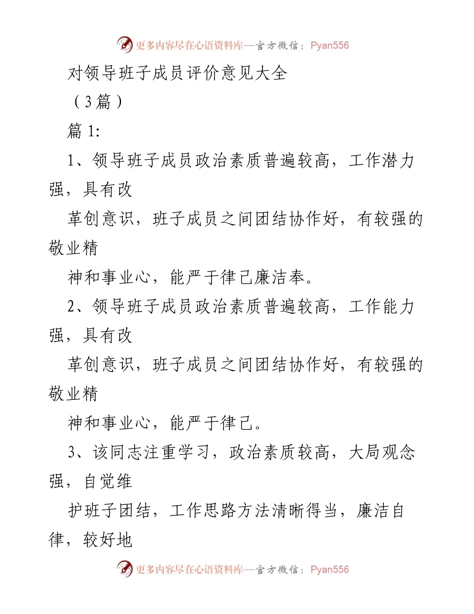 [发言] 领导班子评价 - 领导班子成员综合素质与工作表现评价总结.docx_第1页