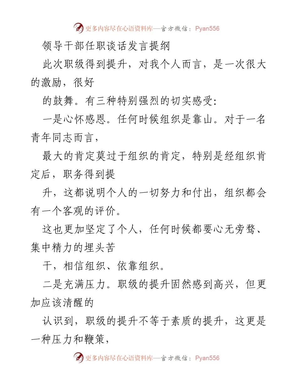 [发言] 领导干部任职谈话 - 职级提升感悟与责任担当.docx_第1页