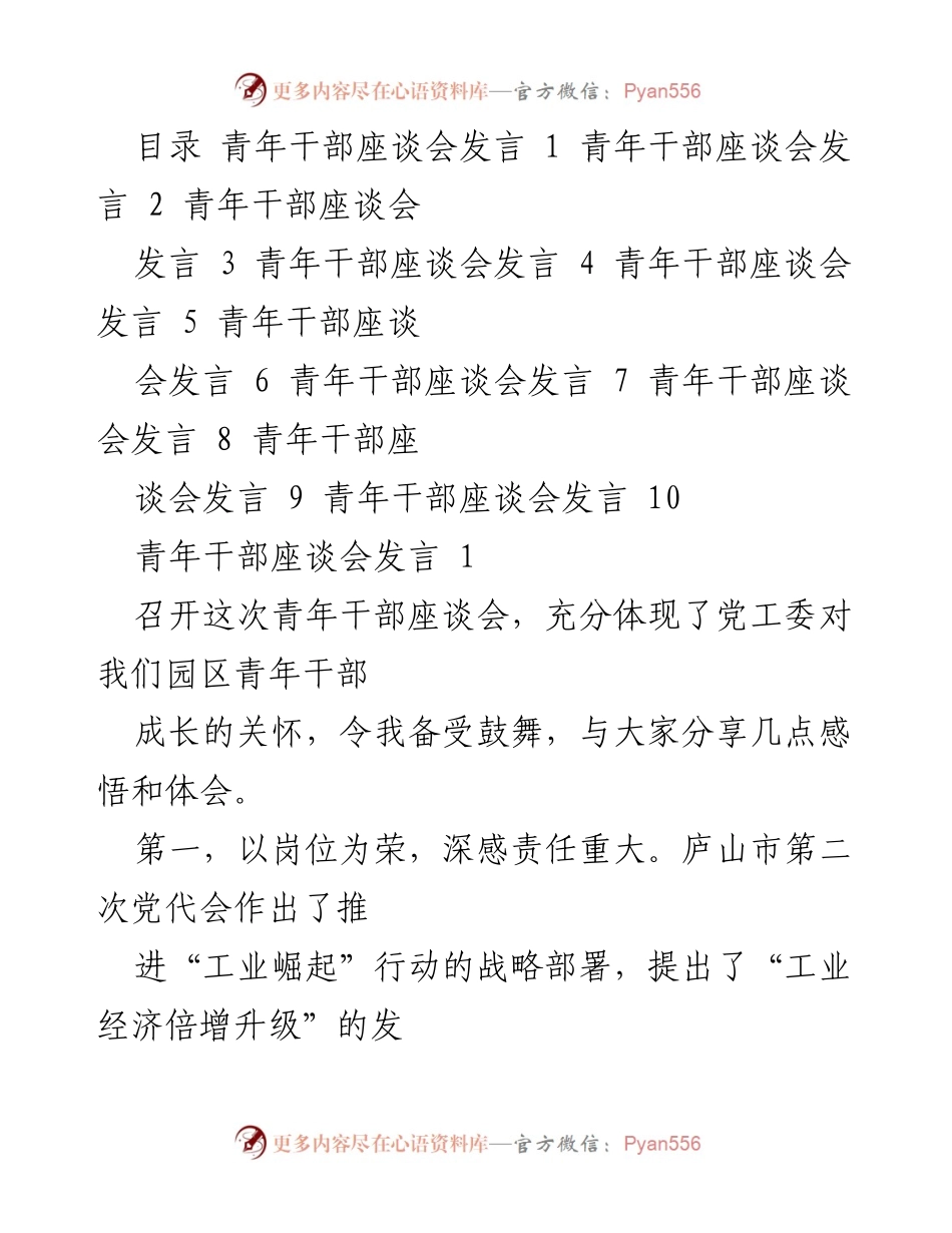 [发言] 青年干部座谈会 - 青年干部成长与服务企业的责任与使命.docx_第1页