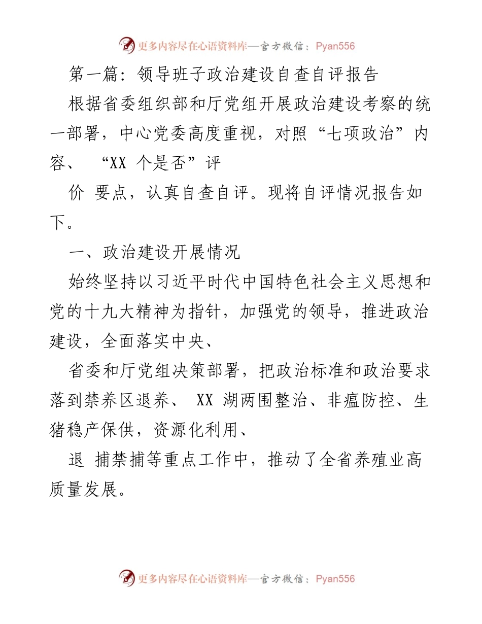 [发言] 领导班子政治建设自查 - 领导班子政治建设自查自评报告.docx_第1页