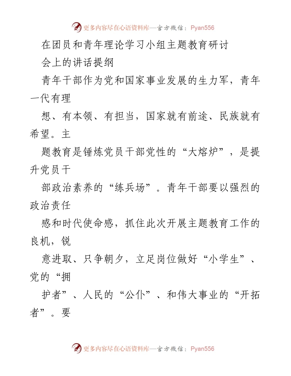 [发言] 青年干部主题教育研讨会 - 加强理论学习，提升青年干部政治素养与实践能力.docx_第1页