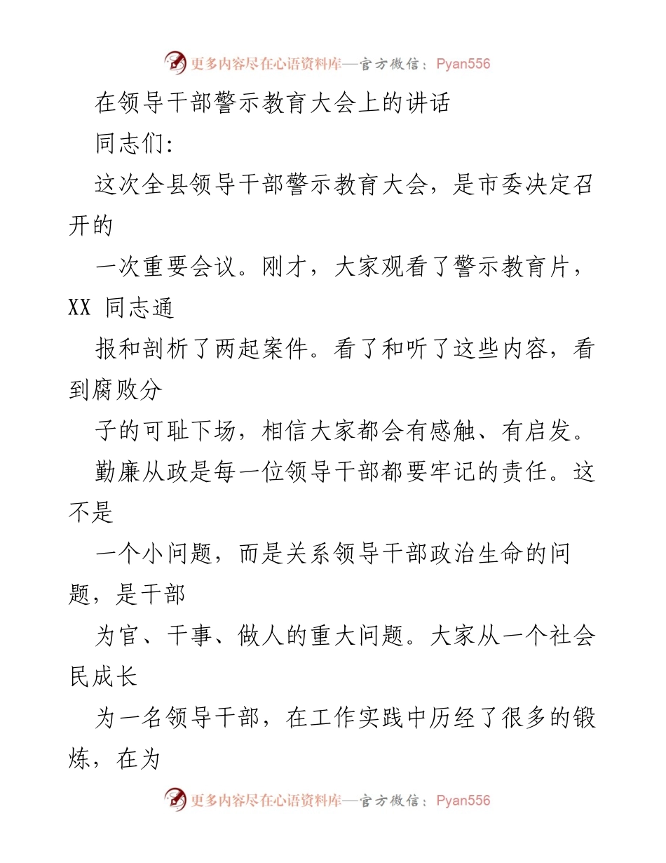 [发言] 领导干部警示教育大会 - 坚守信念，平和心态：领导干部的责任与警示.docx_第1页