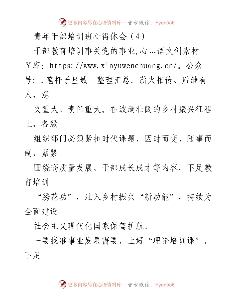 [发言] 青年干部培训班 - 提升乡村振兴干部素质的培训心得体会.docx_第1页