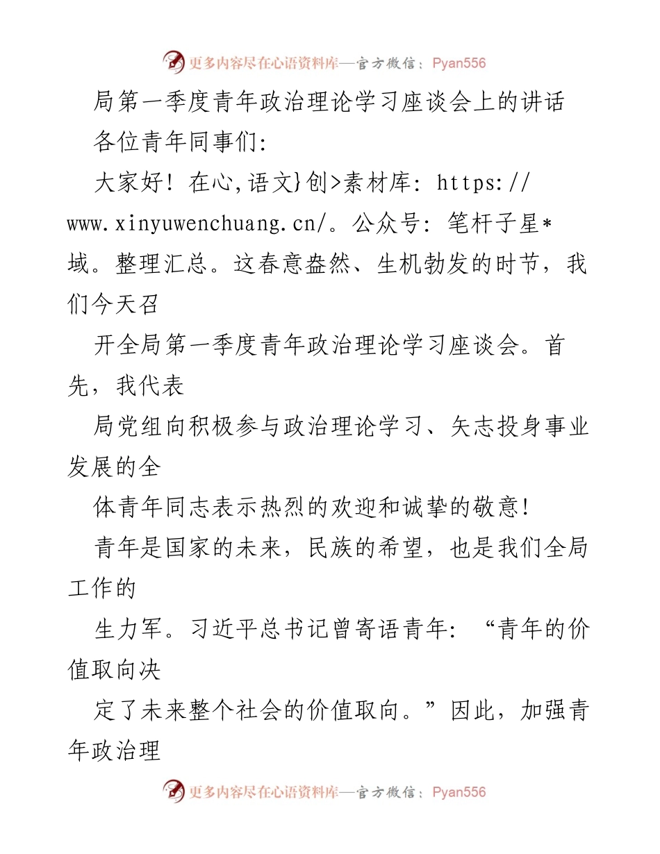 [发言] 青年政治理论学习座谈会 - 加强青年政治理论学习，培养高素质干部队伍_2.docx_第1页