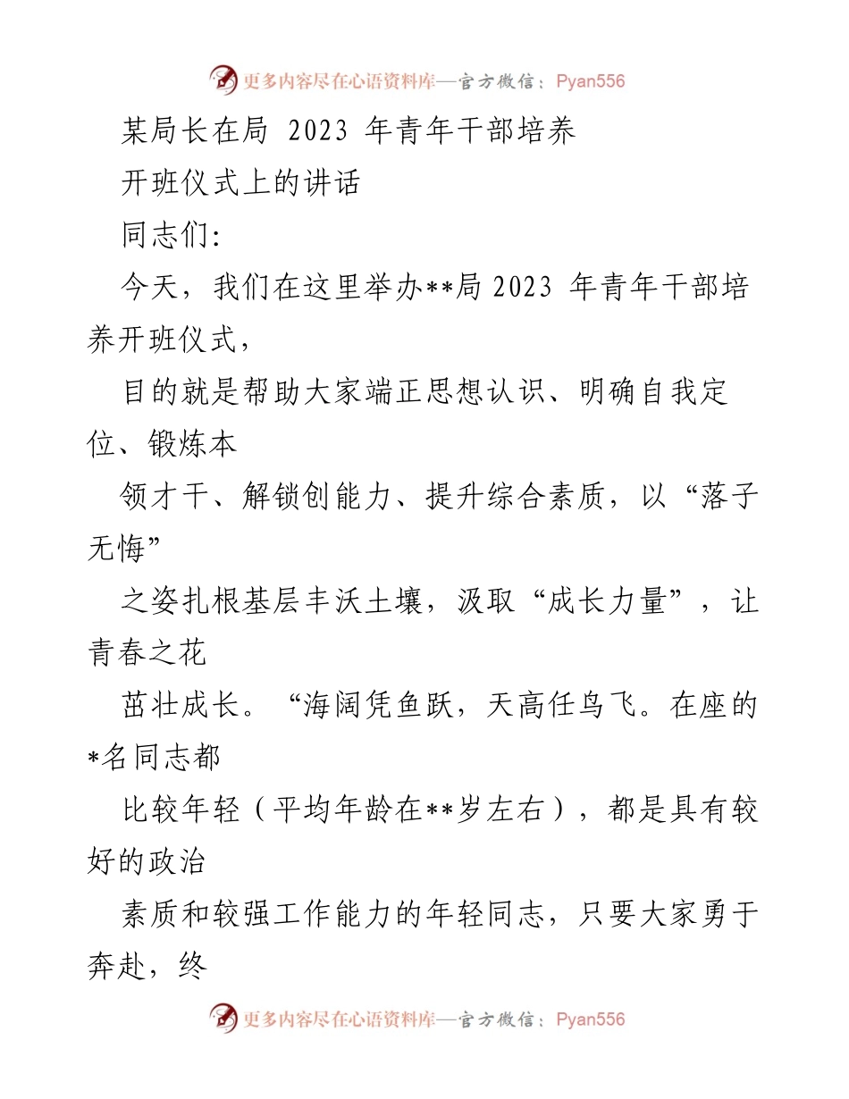 [发言] 青年干部培养开班仪式 - 砥砺前行，共创辉煌：致青年干部的寄语.docx_第1页