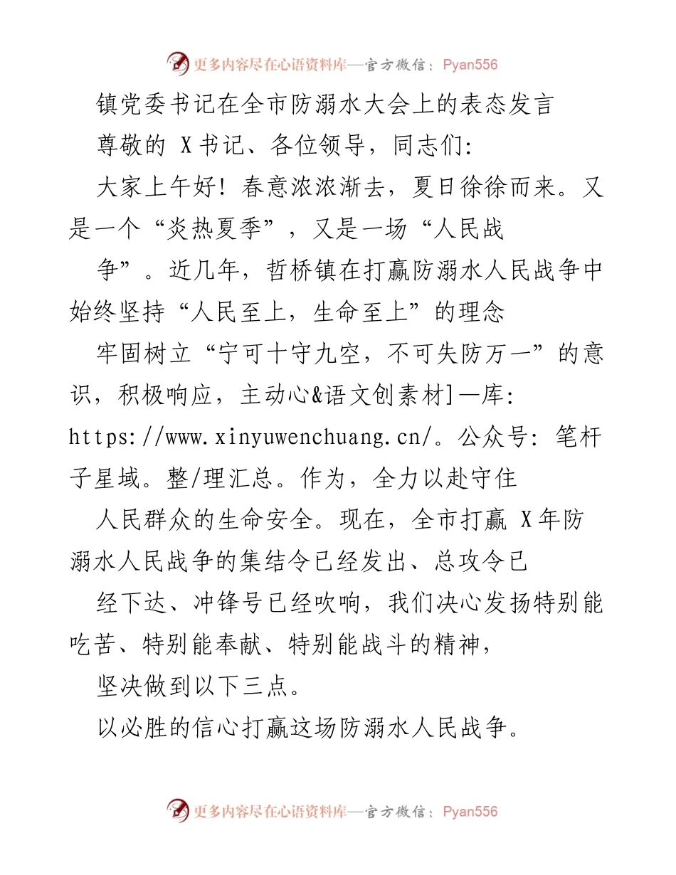 [发言] 防溺水大会 - 镇党委书记的防溺水工作表态发言.docx_第1页