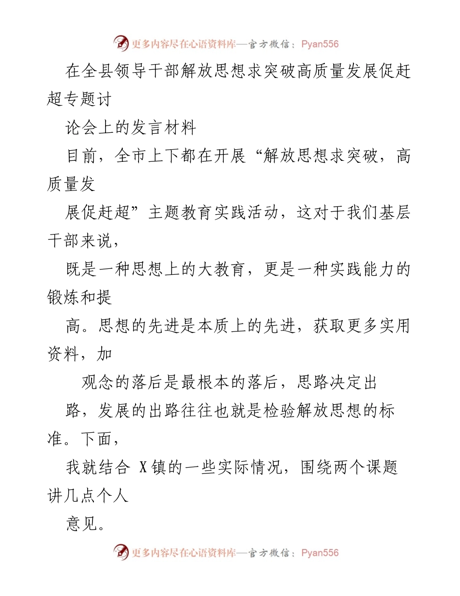 [发言] 领导干部专题讨论会 - 解放思想与高质量发展：X镇的实践探索与建议.docx_第1页
