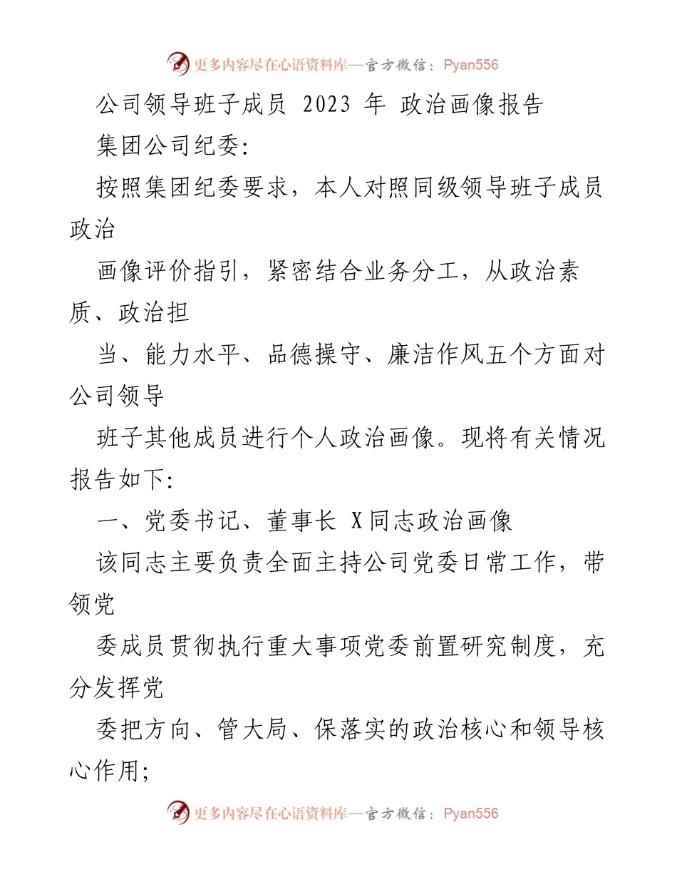 [发言] 领导班子政治画像报告 - 2023年公司领导班子成员政治画像分析报告.docx_第1页