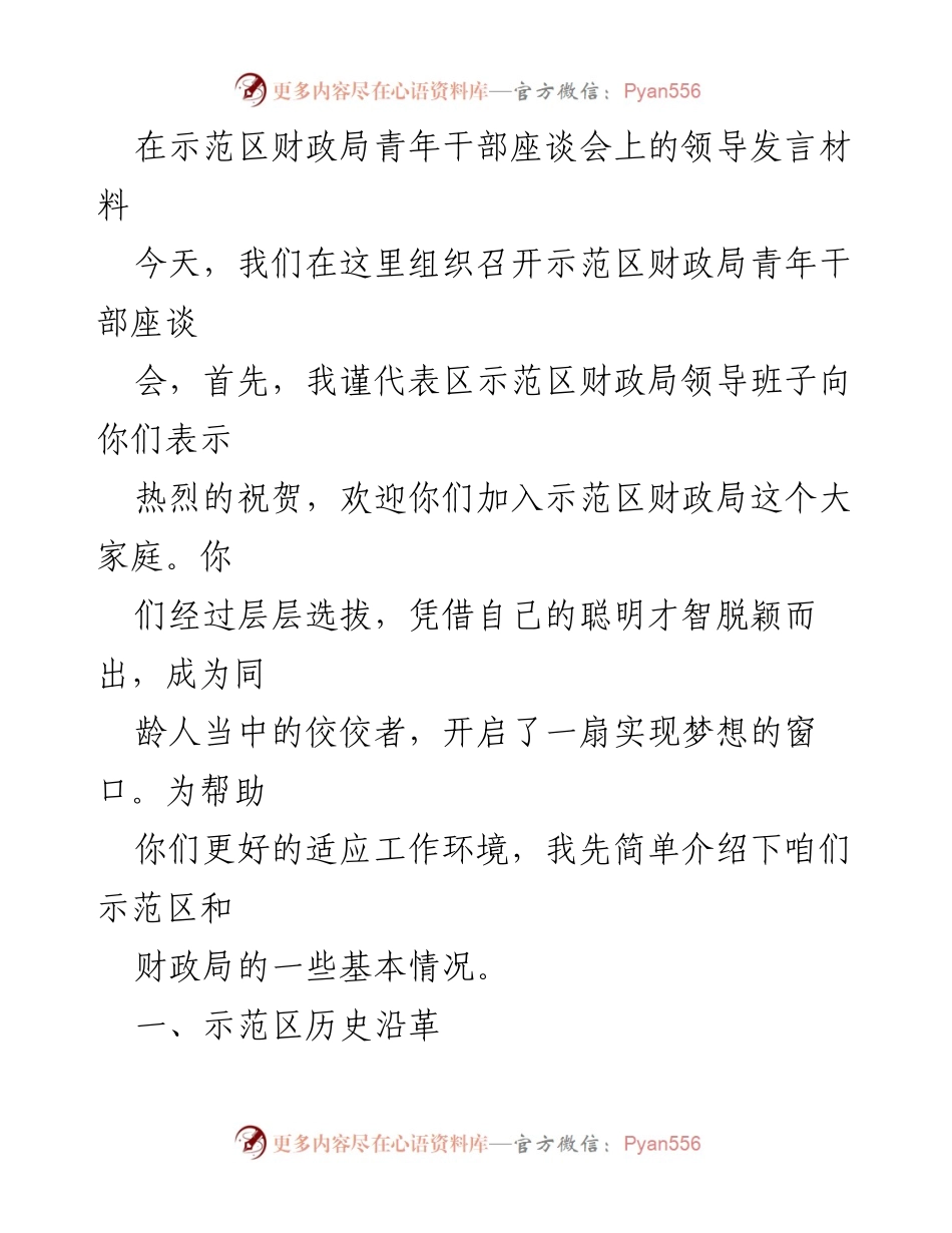 [发言] 青年干部座谈会 - 示范区财政局青年干部座谈会领导发言材料.docx_第1页