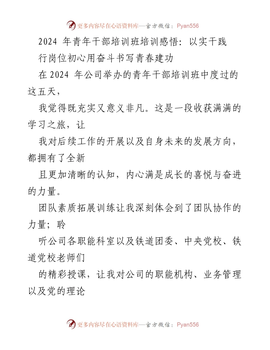 [发言] 青年干部培训班 - 青年干部的使命与担当：实干与奋斗的培训感悟.docx_第1页