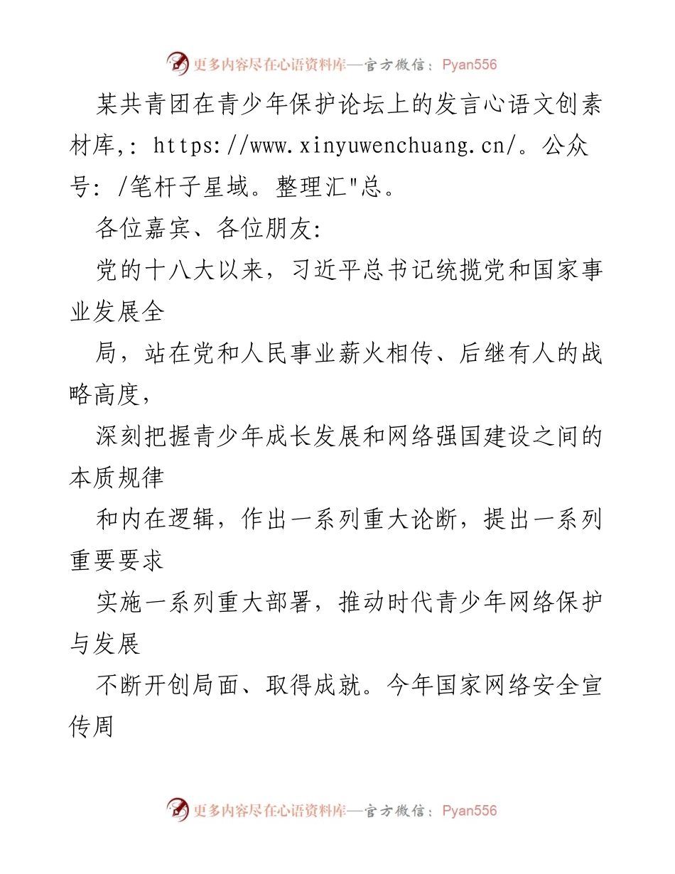 [发言] 青少年保护论坛 - 青少年网络保护与发展：共青团的责任与行动.docx_第1页