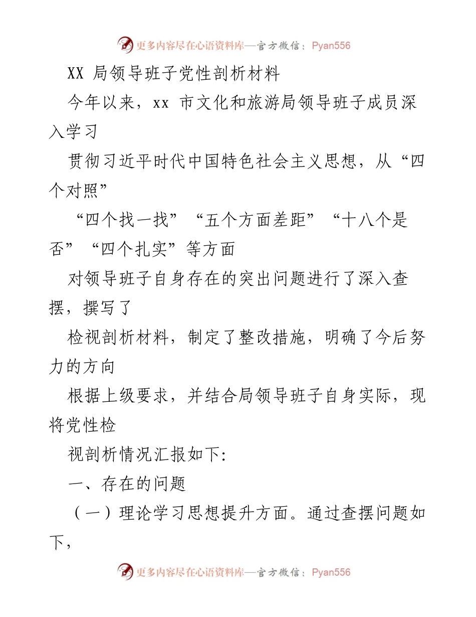 [发言] 领导班子党性剖析会议 - XX局领导班子党性剖析与整改措施汇报.docx_第1页