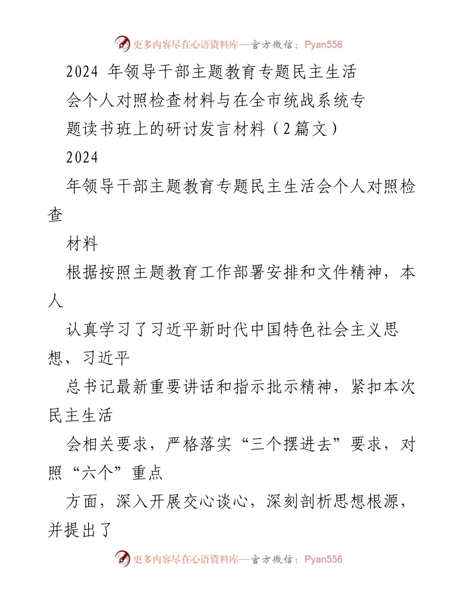 [发言] 领导干部主题教育专题民主生活会 - 深刻剖析与整改：2024年领导干部主题教育民主生活会个人对照检查材料.docx_第1页