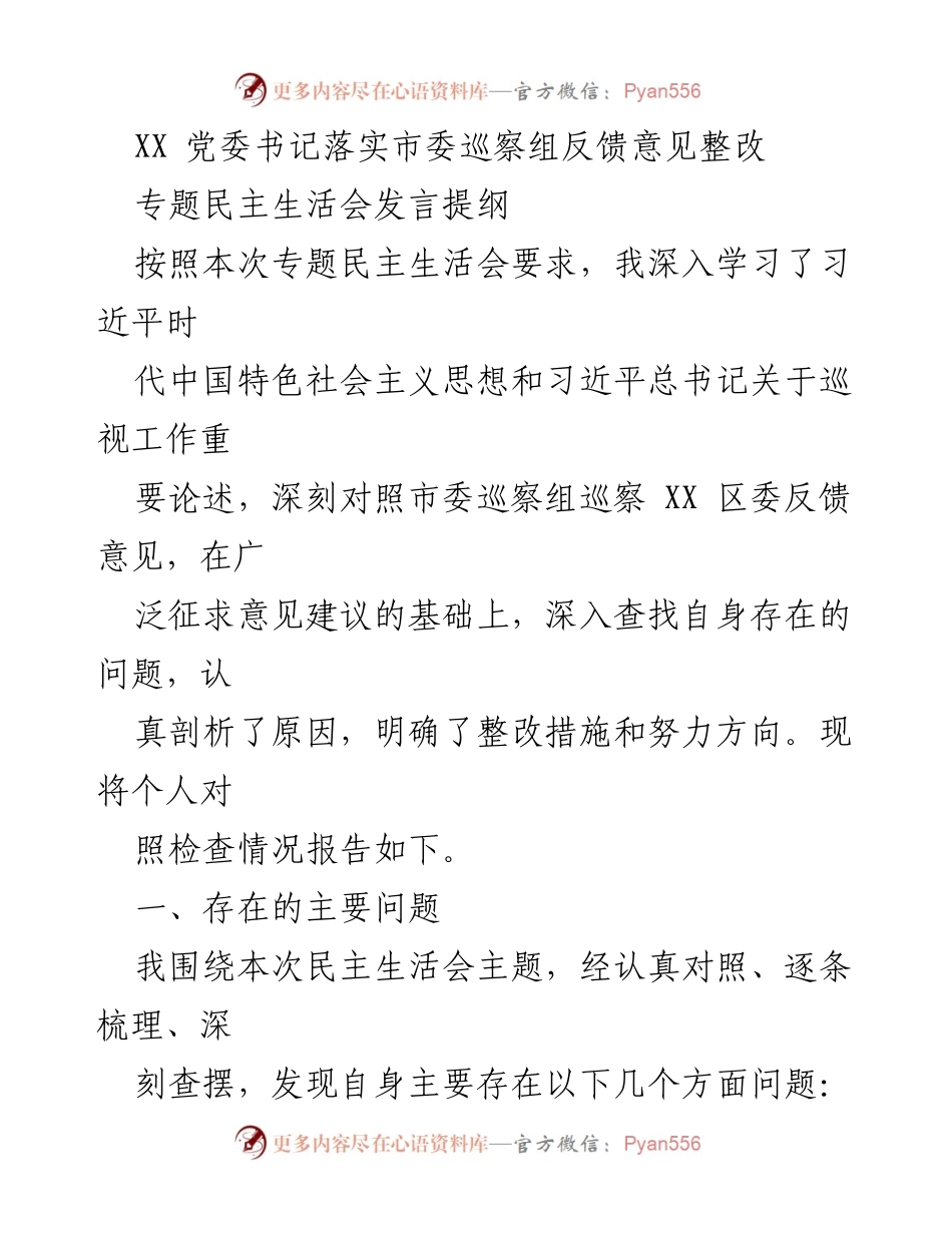 [发言提纲] 专题民主生活会 - 深刻剖析整改措施，推动高质量发展.docx_第1页