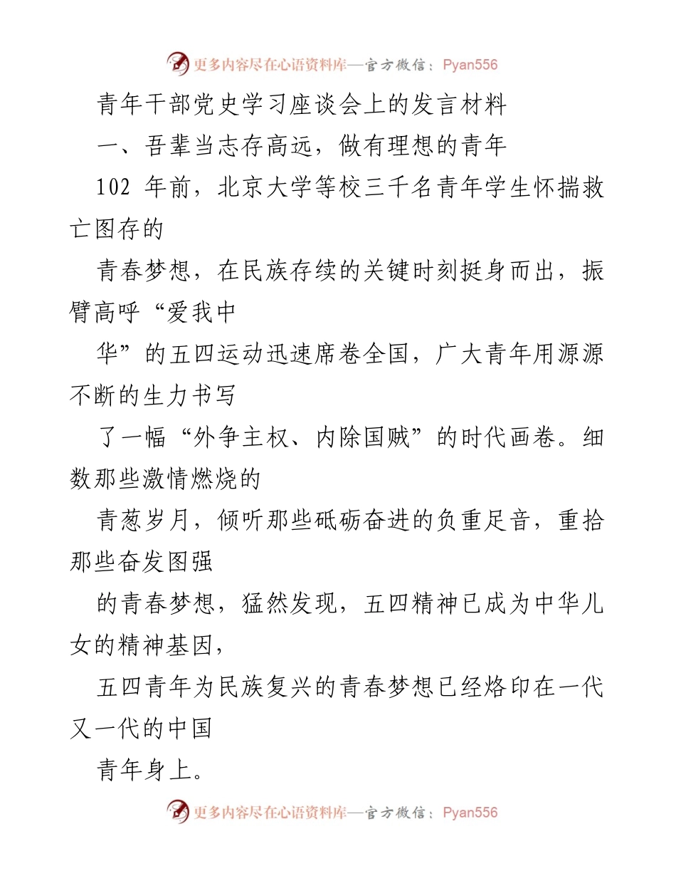 [发言] 青年干部党史学习座谈会 - 向五四精神致敬，做民族复兴的追梦人.docx_第1页