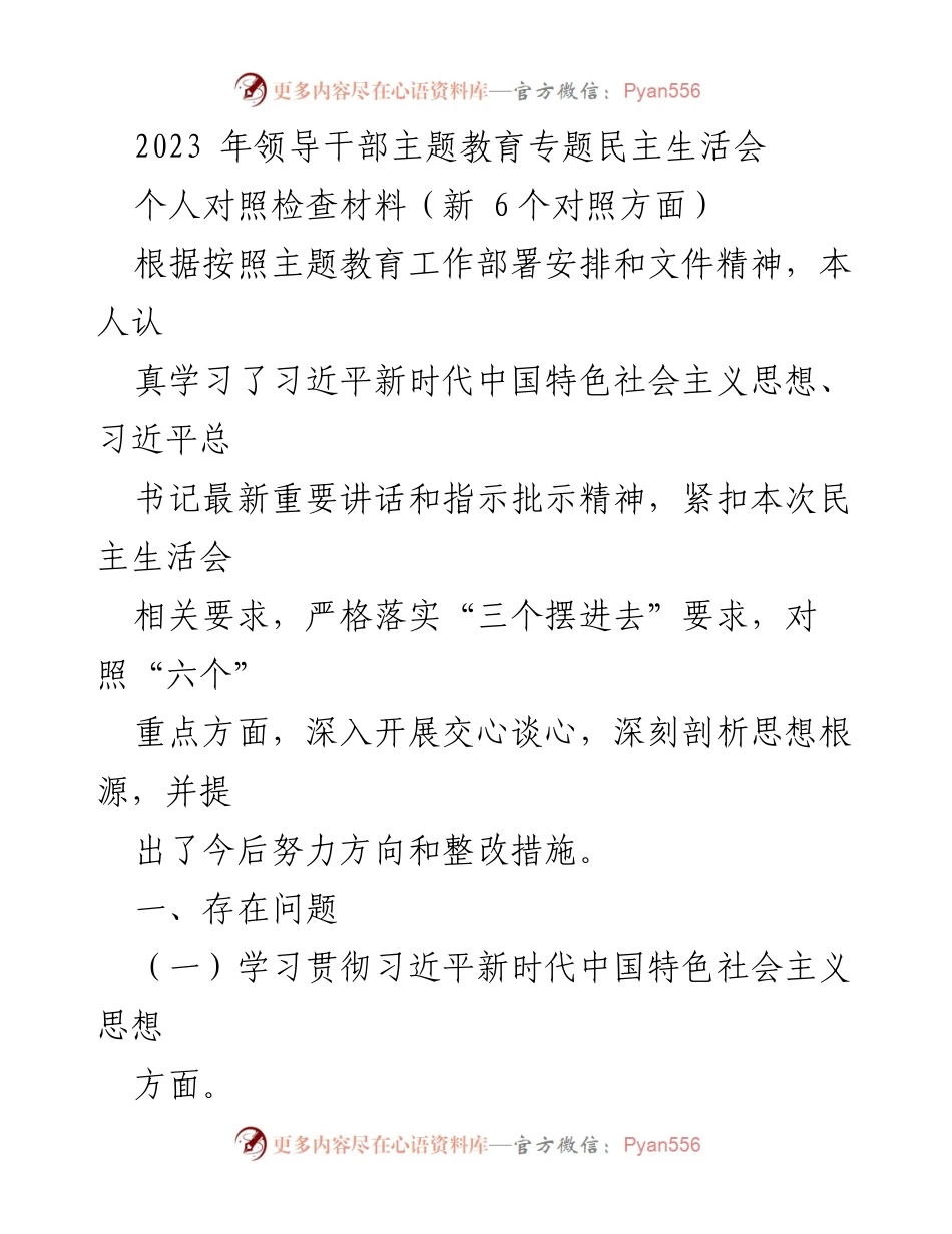 [发言] 领导干部主题教育专题民主生活会 - 个人对照检查材料及整改措施分析.docx_第1页