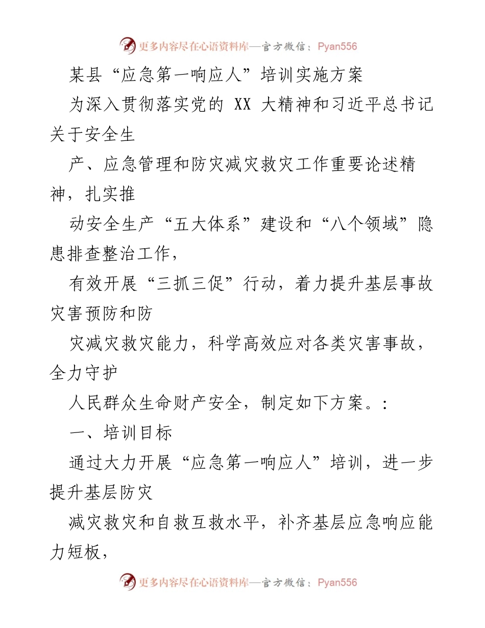 [培训方案] 应急管理 - 某县“应急第一响应人”培训实施方案.docx_第1页