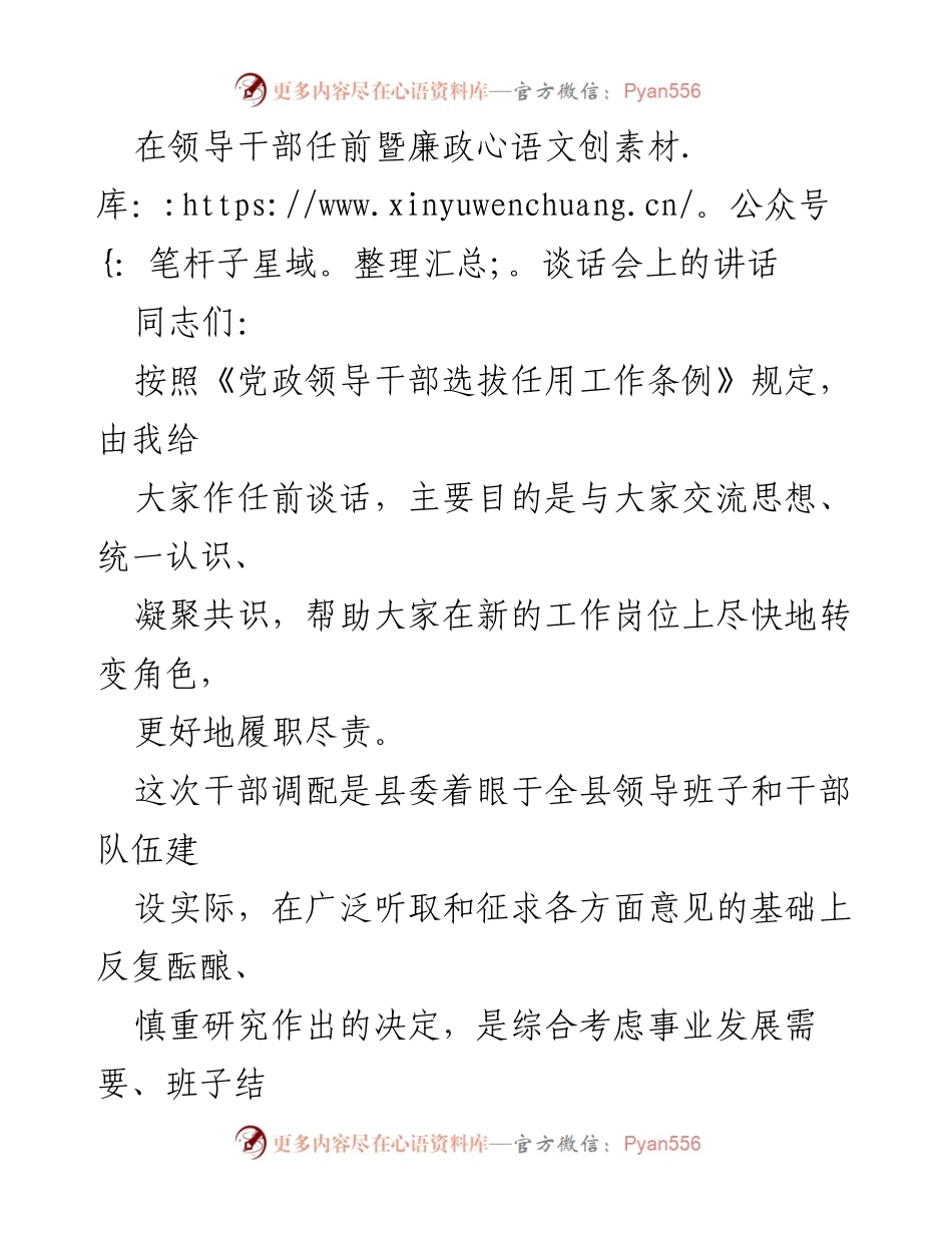 [发言] 领导干部任前暨廉政谈话会 - 强调干部任前的责任与廉洁自律.docx_第1页