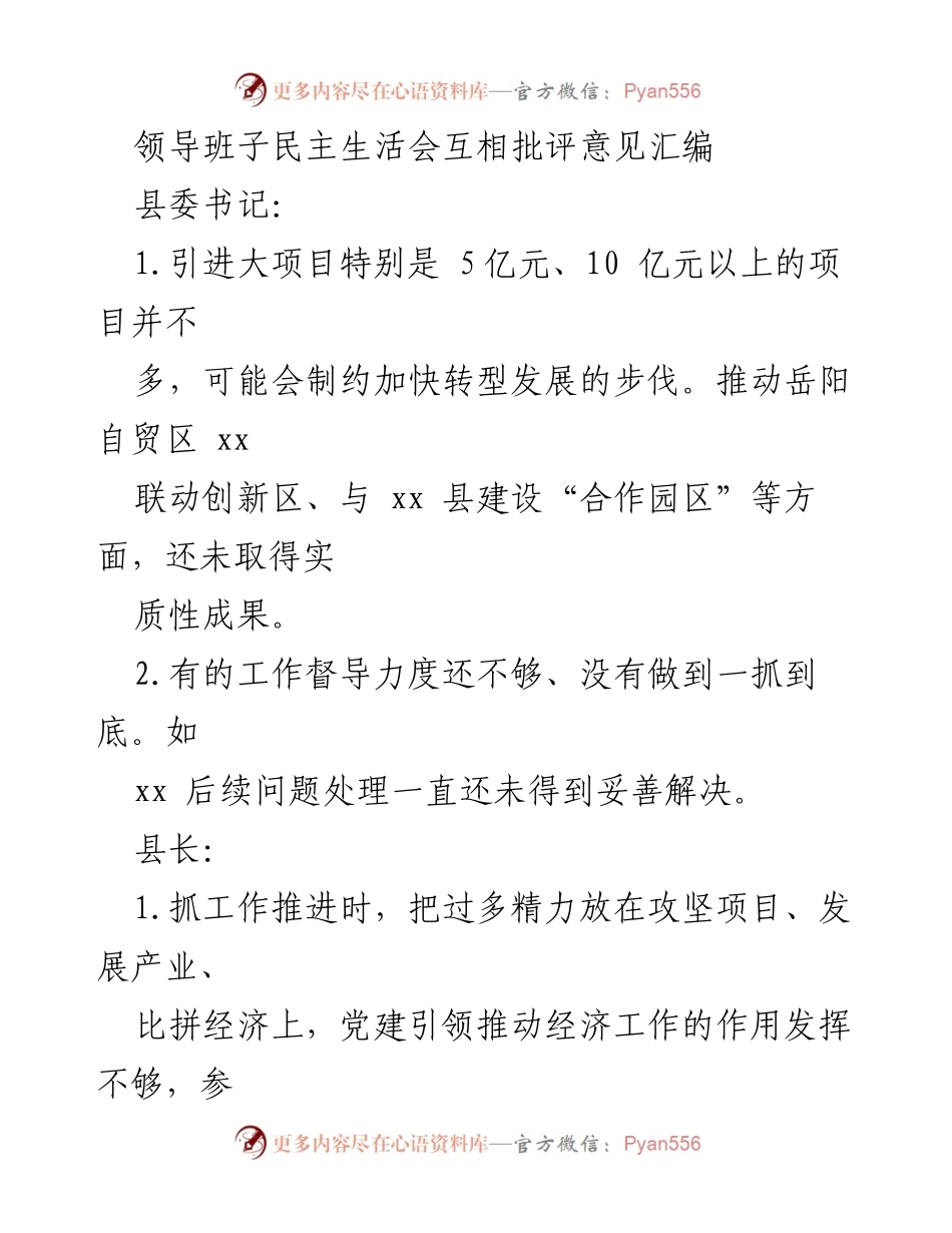 [发言] 领导班子民主生活会 - 领导班子互评意见总结与改进建议.docx_第1页