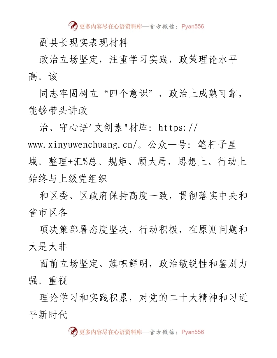 [发言] 领导干部考核 - 副县长现实表现材料总结.docx_第1页