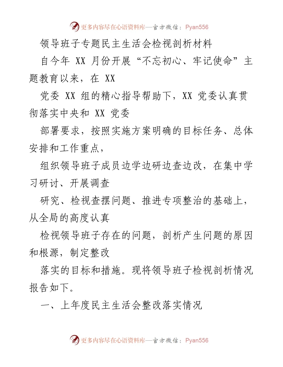 [发言] 领导班子专题民主生活会 - 领导班子检视剖析及整改落实情况报告.docx_第1页