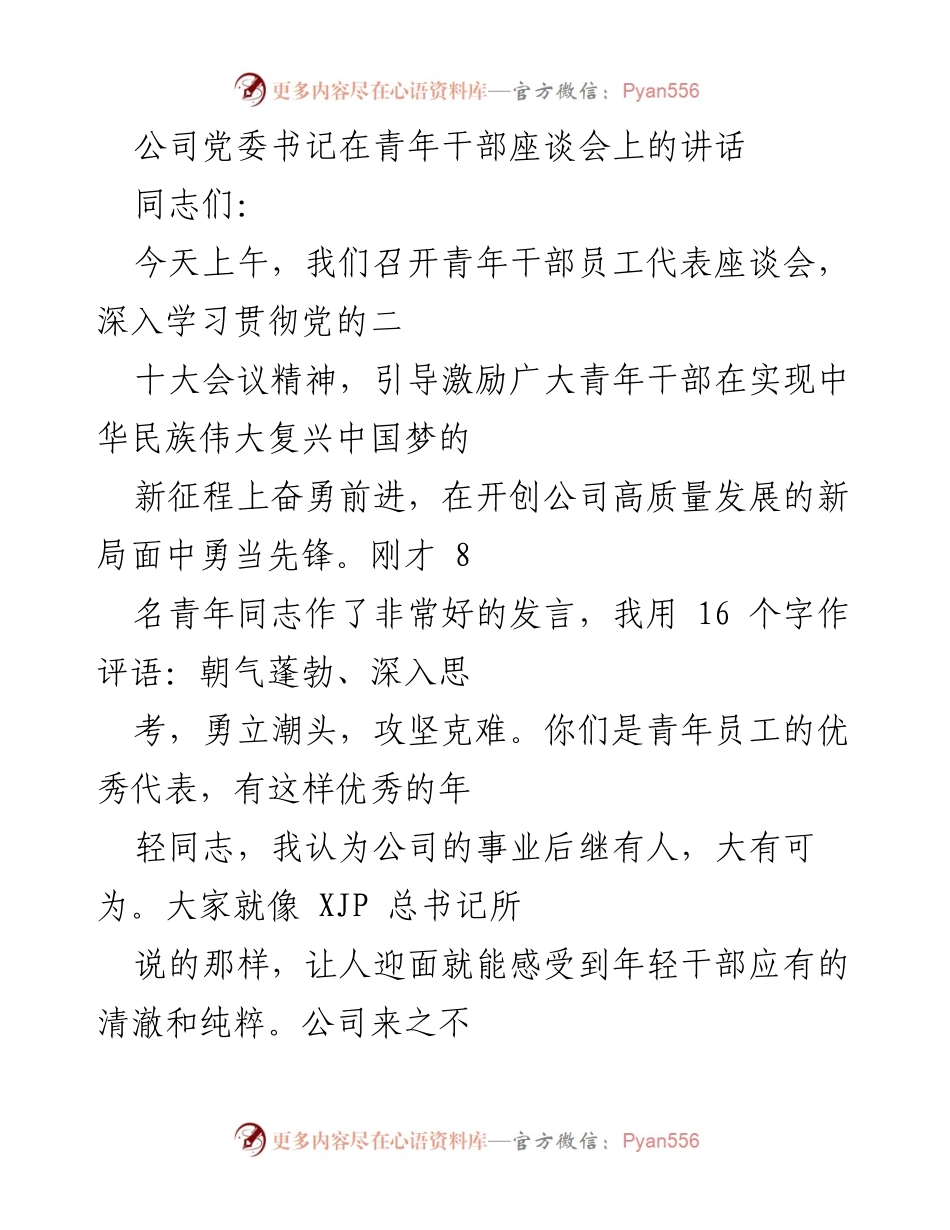 [发言] 青年干部座谈会 - 深入学习贯彻党的二十大精神，激励青年干部奋勇前进_1.docx_第1页