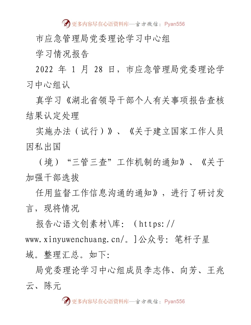 [学习报告] 市应急管理局 - 党委理论学习中心组学习情况总结.docx_第1页