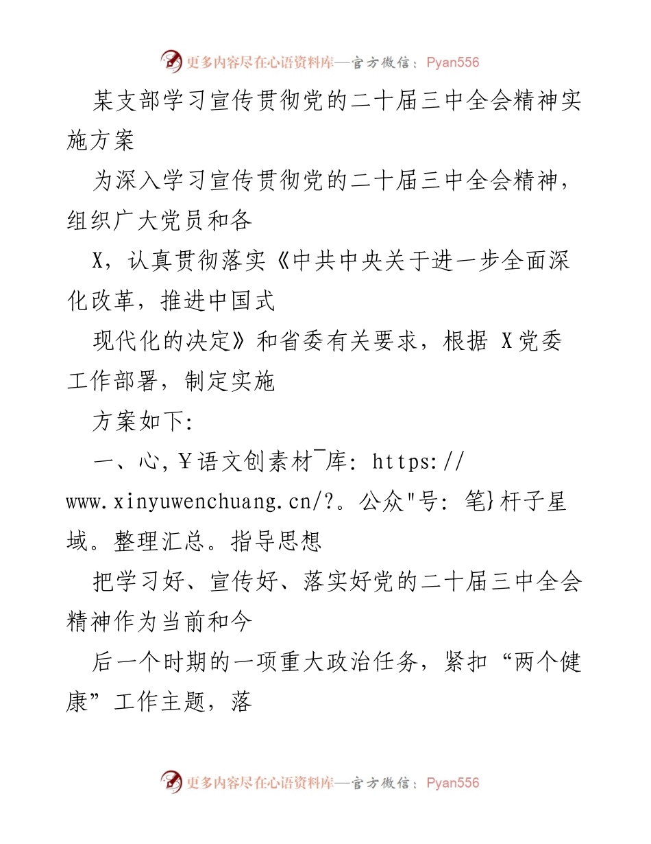 [实施方案] 党支部 - 学习宣传贯彻党的二十届三中全会精神的实施方案.docx_第1页