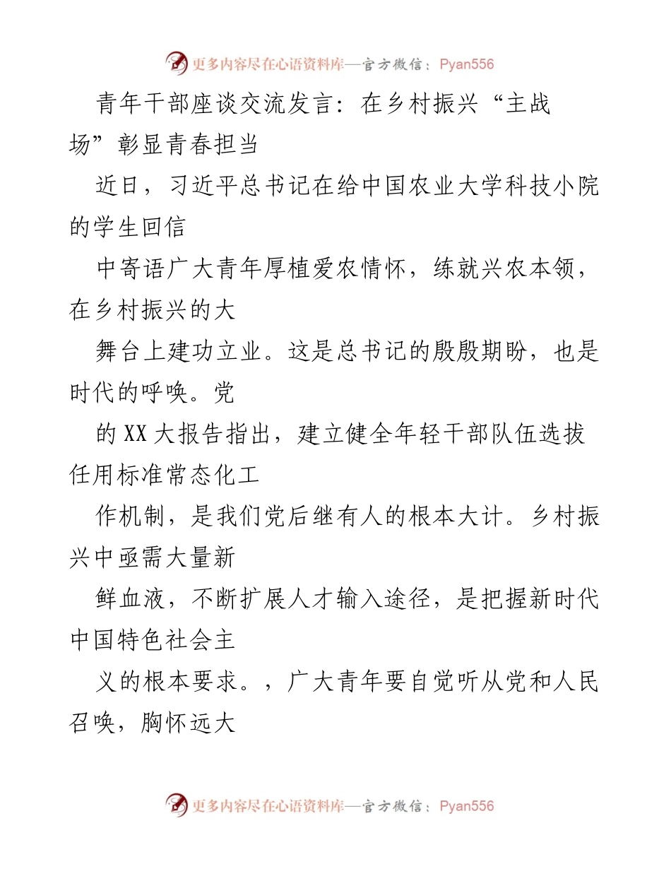 [发言] 青年干部座谈 - 青年干部在乡村振兴中展现青春担当.docx_第1页
