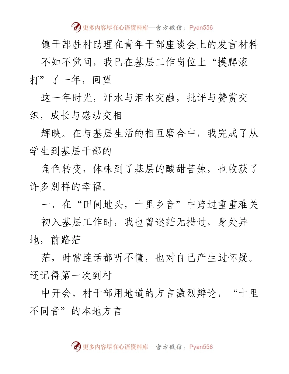 [发言] 青年干部座谈会 - 基层工作一年，成长与感悟.docx_第1页