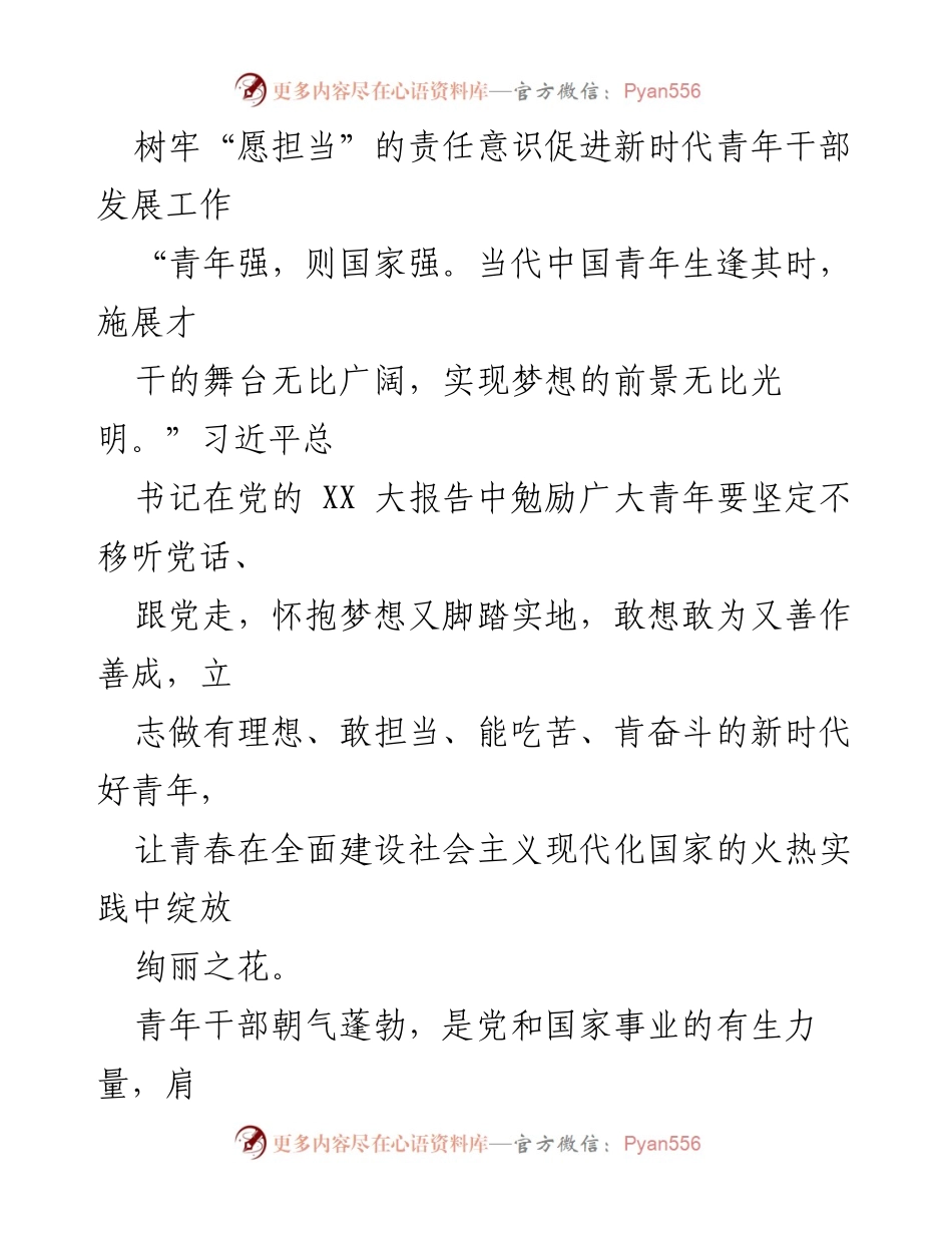 [发言] 青年干部发展工作会议 - 树牢责任意识，助力新时代青年干部成长.docx_第1页