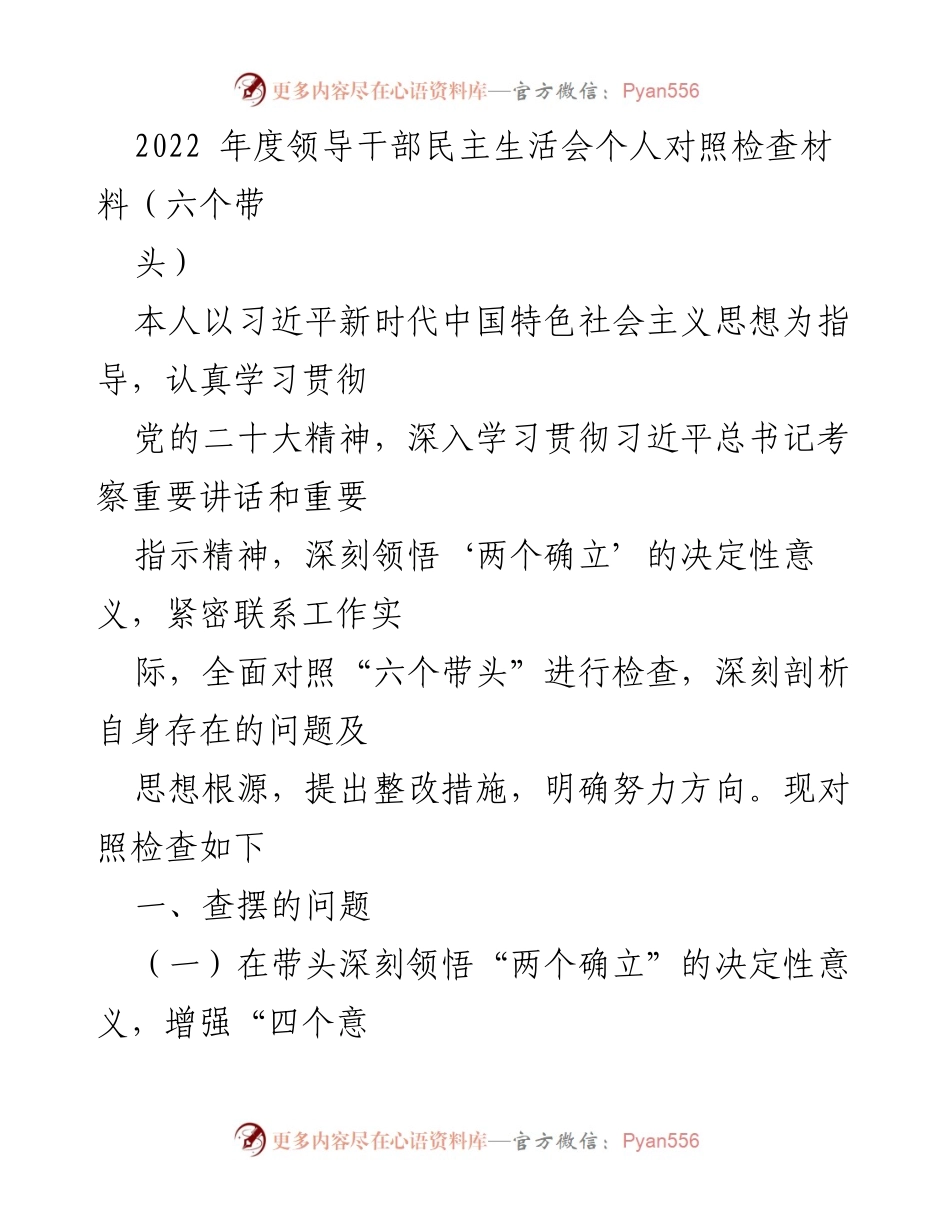 [发言] 领导干部民主生活会 - 2022年度个人对照检查材料总结_3.docx_第1页
