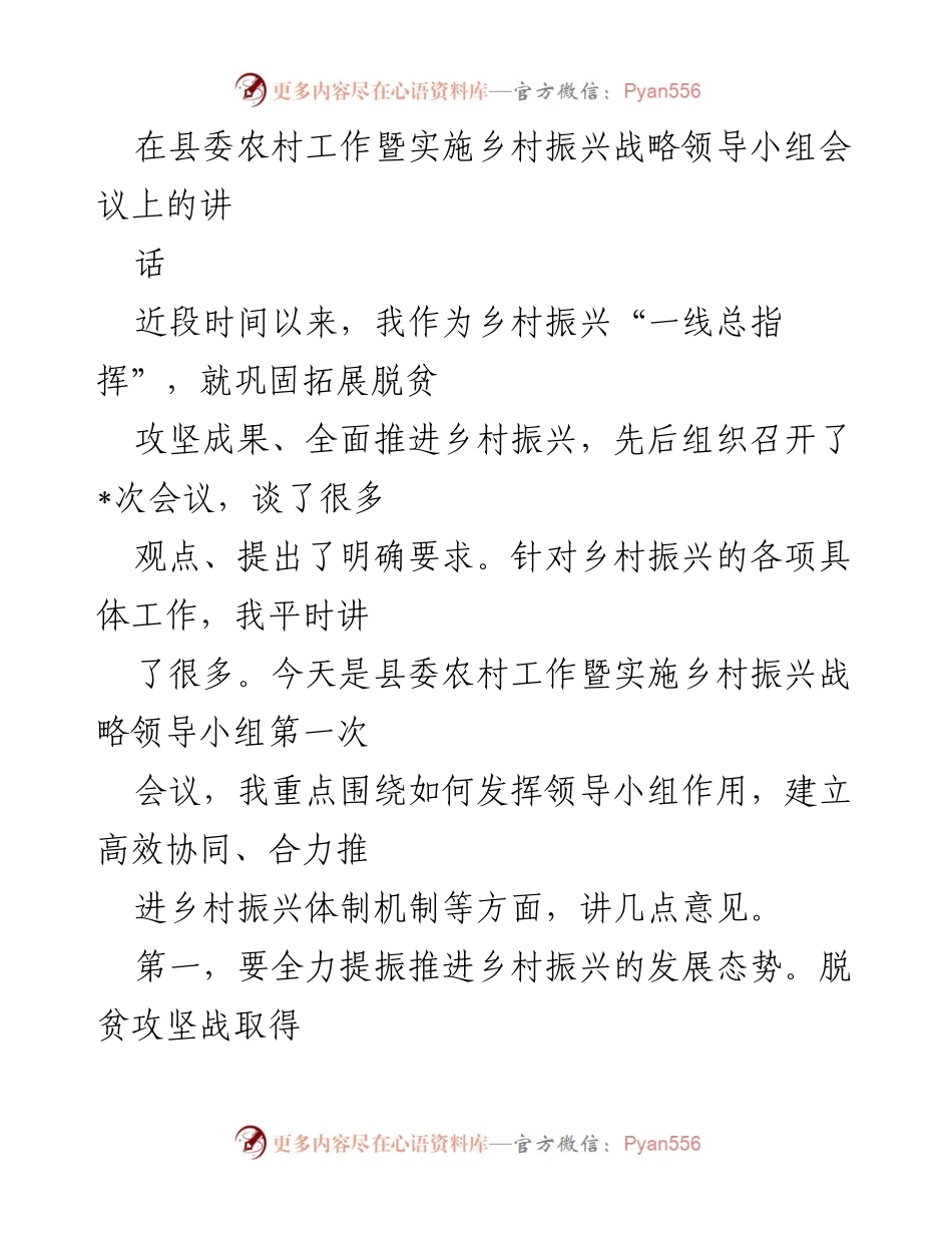 [发言] 领导小组会议 - 强化协同推进乡村振兴战略的意见分享.docx_第1页