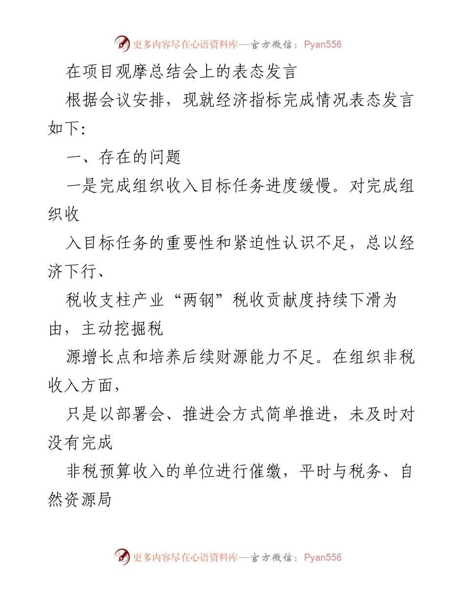 [发言] 项目观摩总结会 - 经济指标完成情况表态发言及改进措施.docx_第1页
