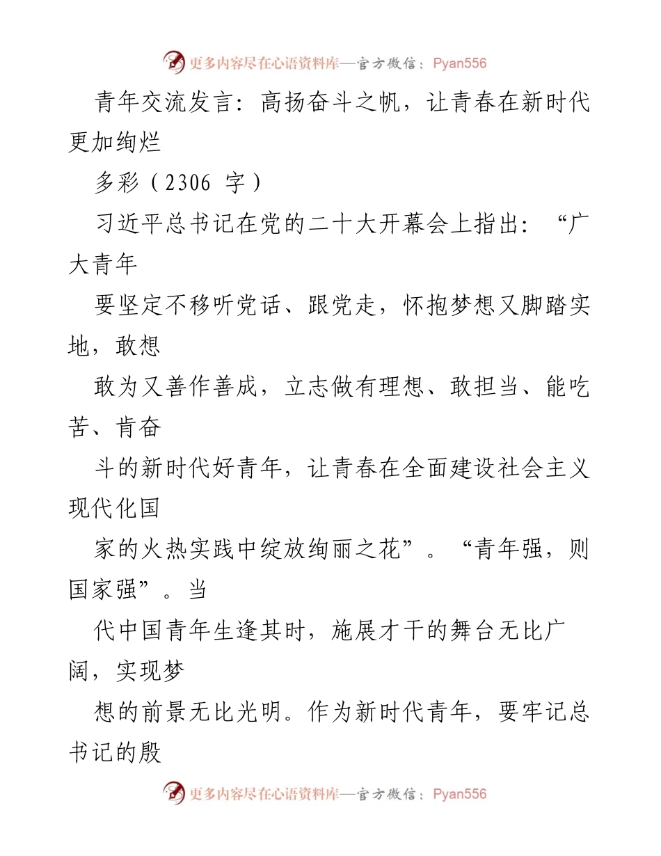 [发言] 青年交流活动 - 高扬奋斗之帆，让青春在新时代更加绚烂.docx_第1页