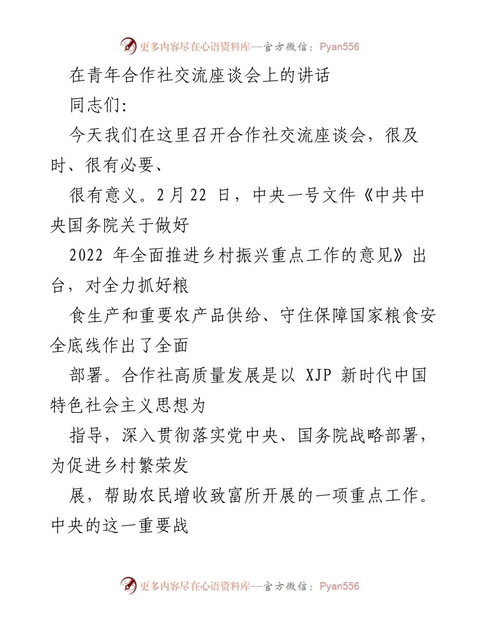 [发言] 青年合作社交流座谈会 - 青年合作社发展的重要性与党组织的作用.docx_第1页