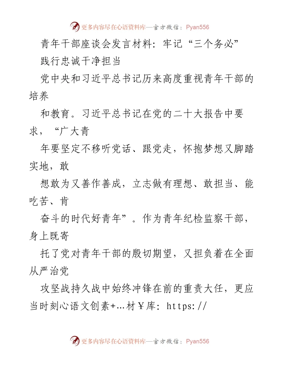 [发言] 青年干部座谈会 - 牢记“三个务必”，践行忠诚干净担当.docx_第1页